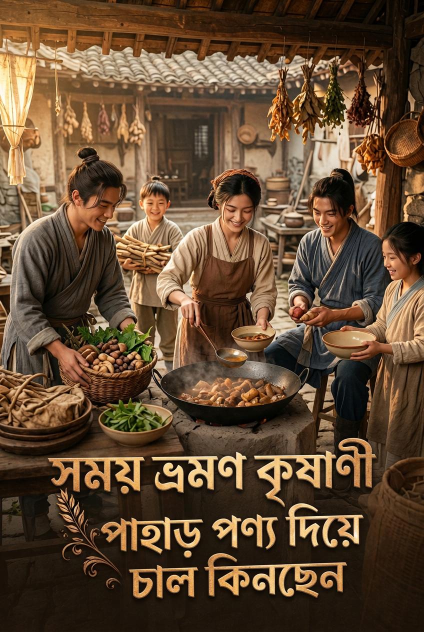 সময় ভ্রমণ কৃষাণী পাহাড় পণ্য দিয়ে চাল কিনছেন